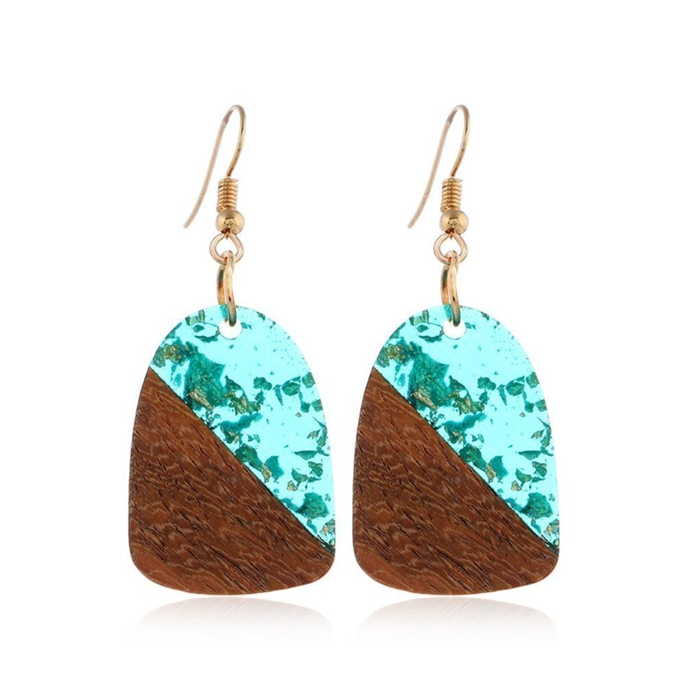 Minimalist Lightweight Turquoise Resin and Wood Geometric Drop Earrings